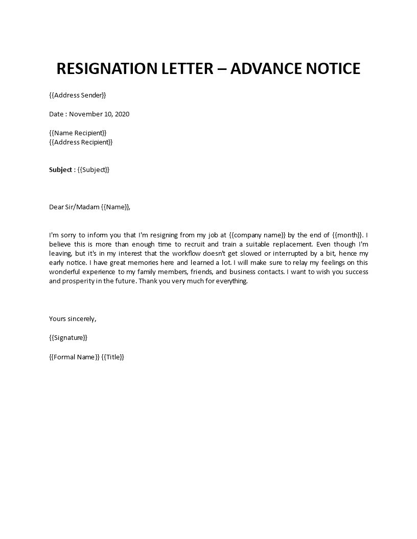 resignation letter advance notice template