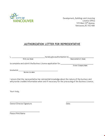 Letter of Authorization for Representative - Simplified Business Licensing in Vancouver