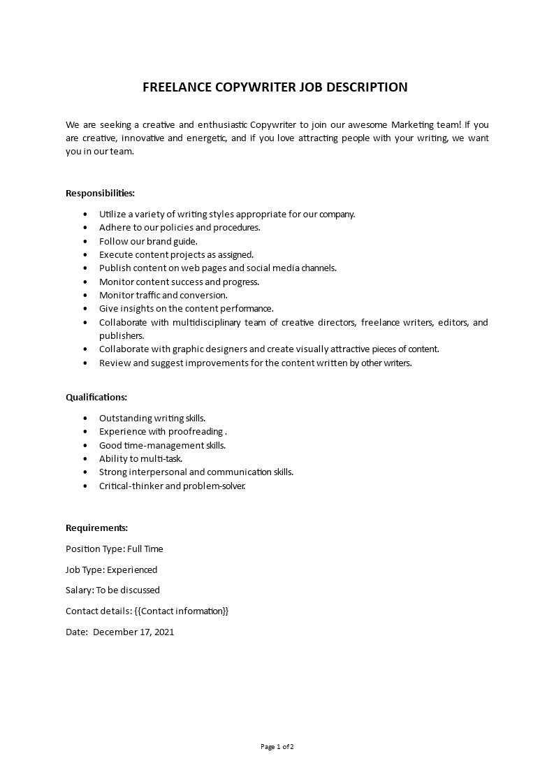 freelance copywriter job description template