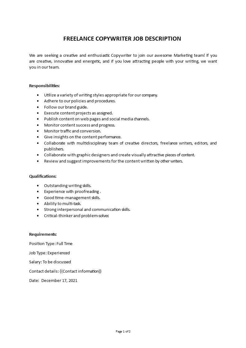 freelance copywriter job description Main Image freelance copywriter job description template