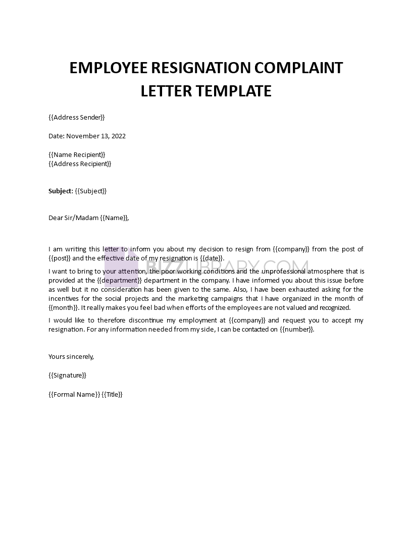 employee resignation complaint letter template