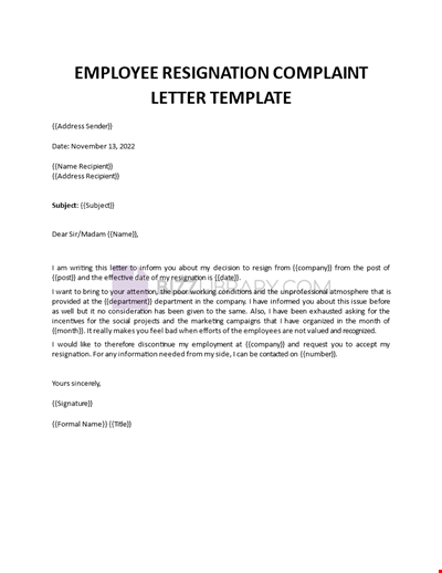 Employee Resignation Complaint Letter
