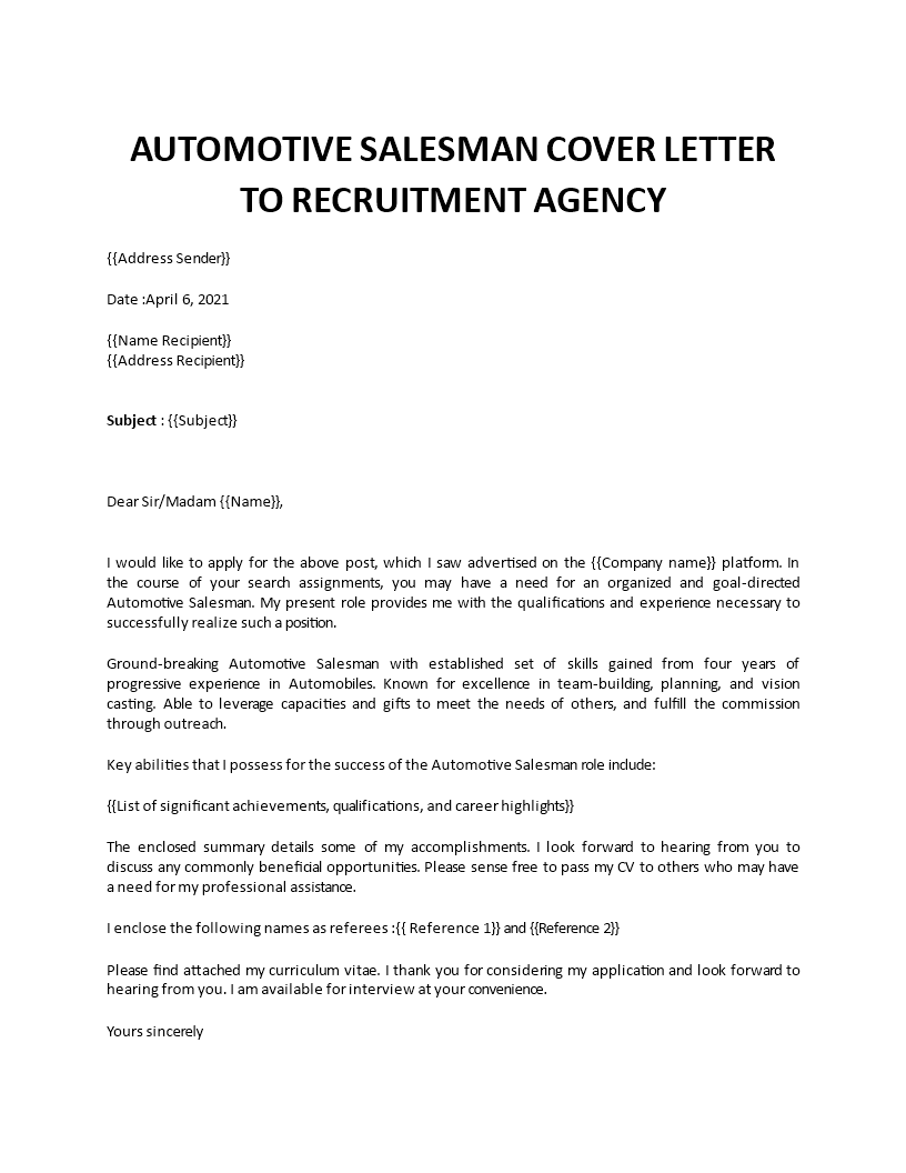 car salesman cover letter sample template