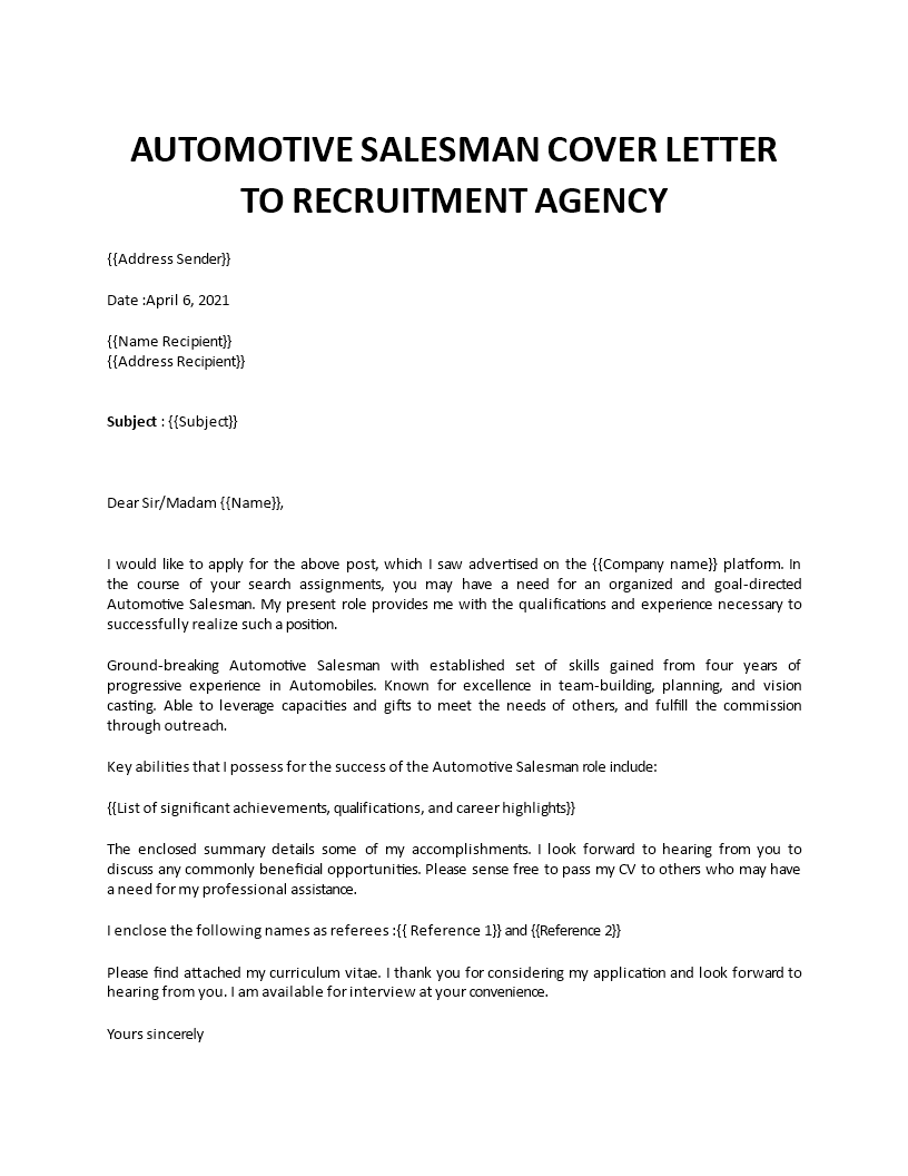 cover letter for dealership application