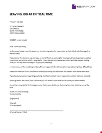 Leaving Job At Critical Time Letter