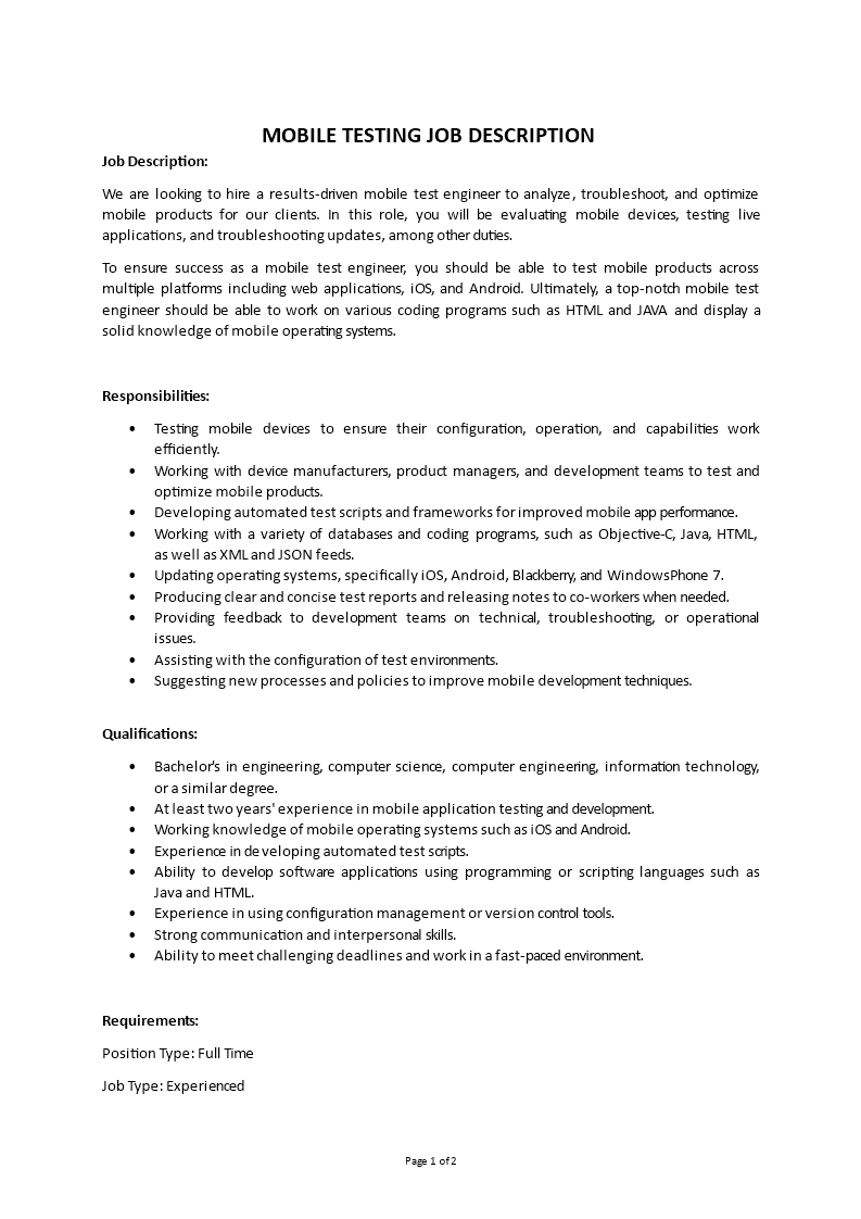 mobile testing job description