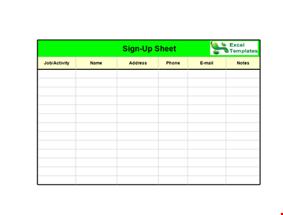 Basic Sign Up Sheet in Excel - Printable
