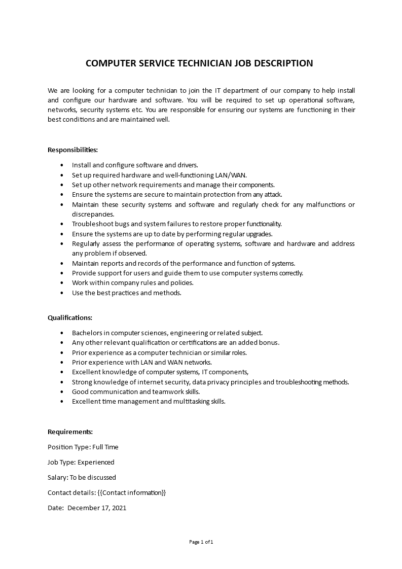it service technician job description Main Image it service technician job description template