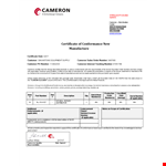 Cameron Certificate of Conformance | Applicable Number example document template