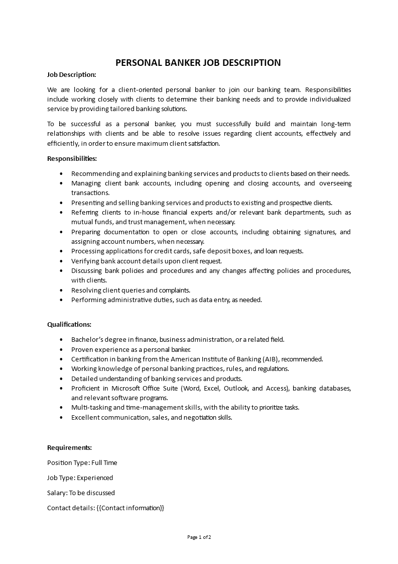 personal banker job description Main Image personal banker job description