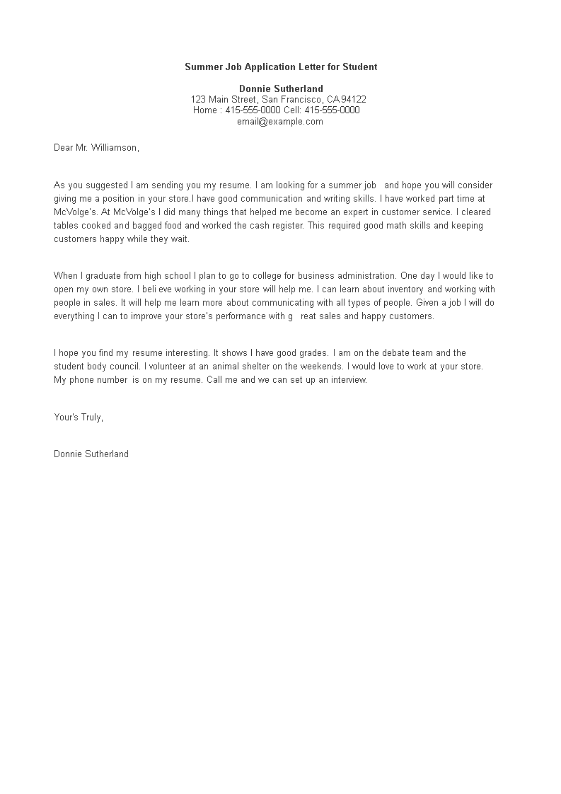 Summer Job Application Letter For Student