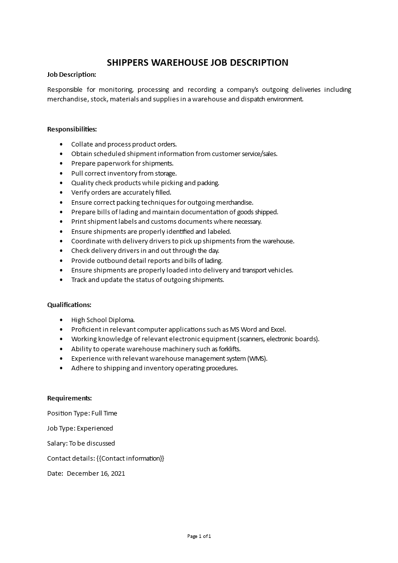 shippers warehouse job description Main Image shippers warehouse job description template