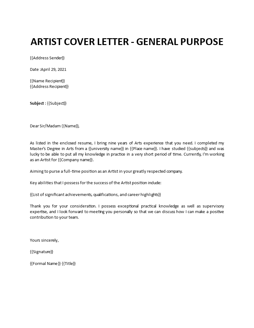 artist cover letter sample template
