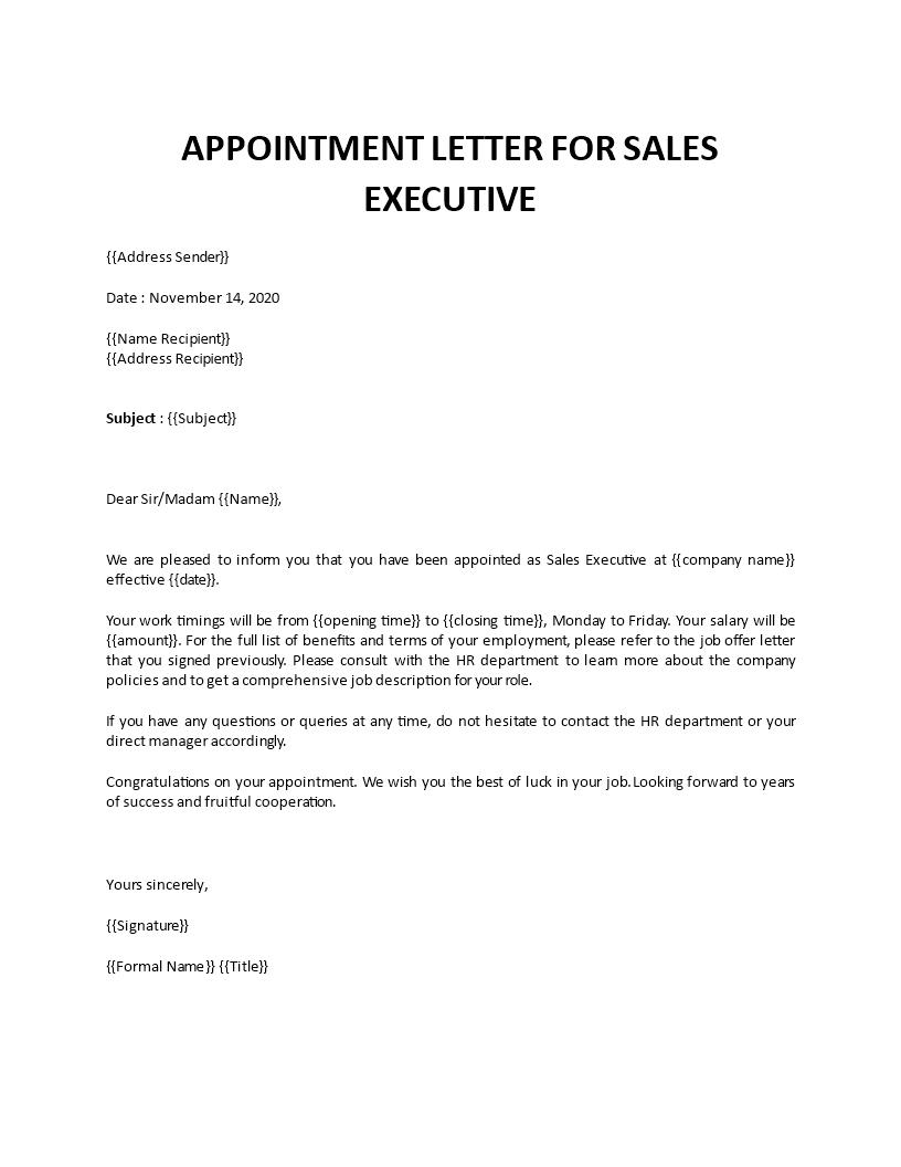 application letter for a post of sales executive