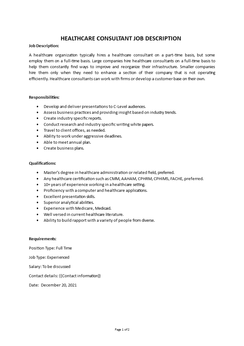 healthcare consultant job description template