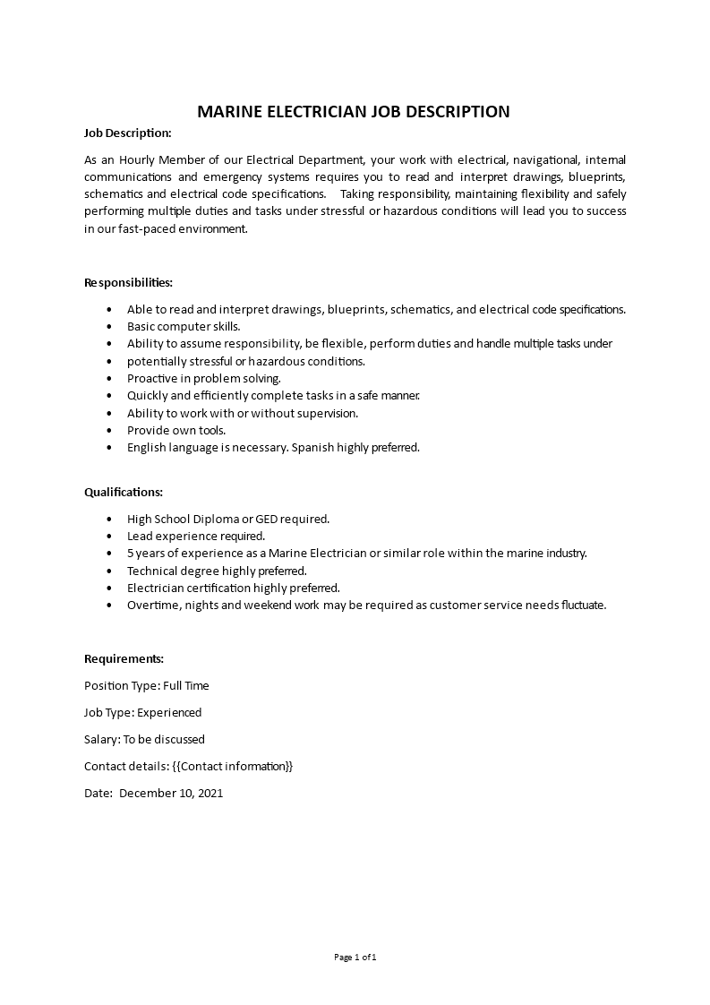 Marine electrician job description