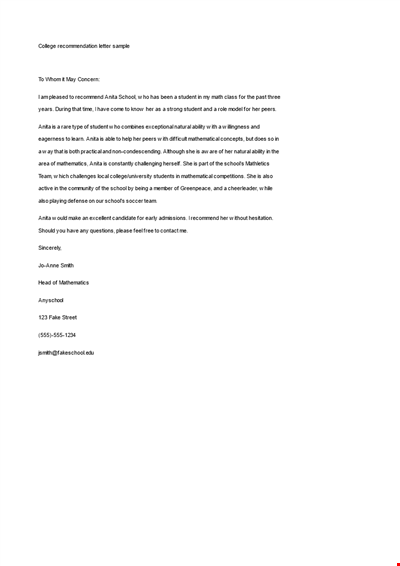College Recommendation Letter Format | School, College, Recommend Anita as an Outstanding Student