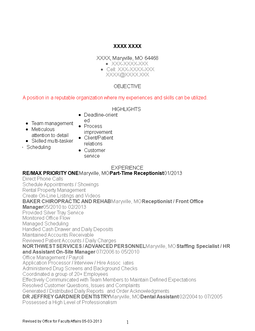 Part Time Receptionist