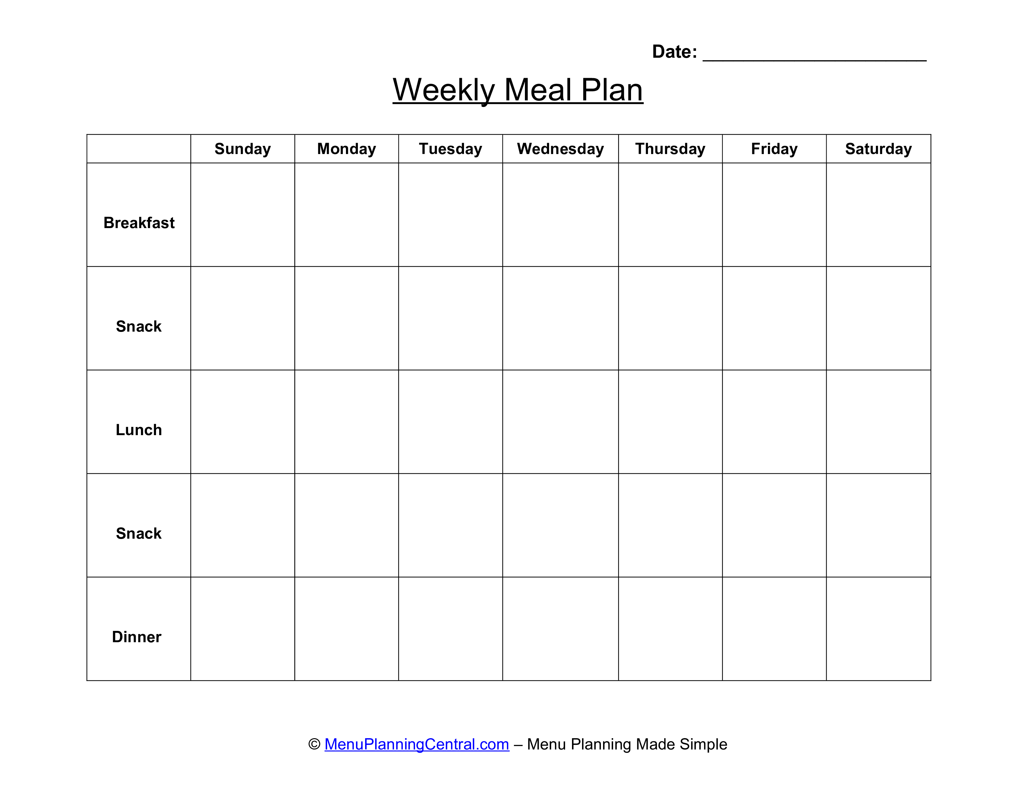 Printable Weekly Meal Calendar Example