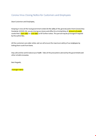 Closing Notice Template to Customers and Employees