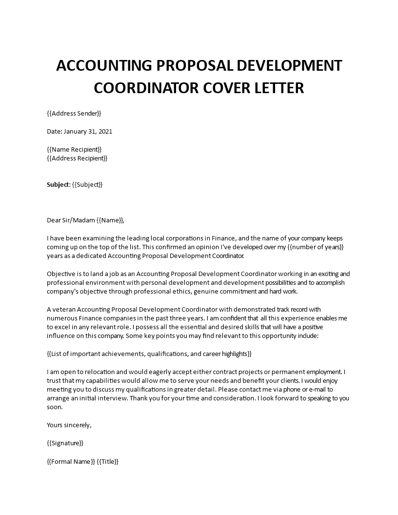 proposal coordinator cover letter template