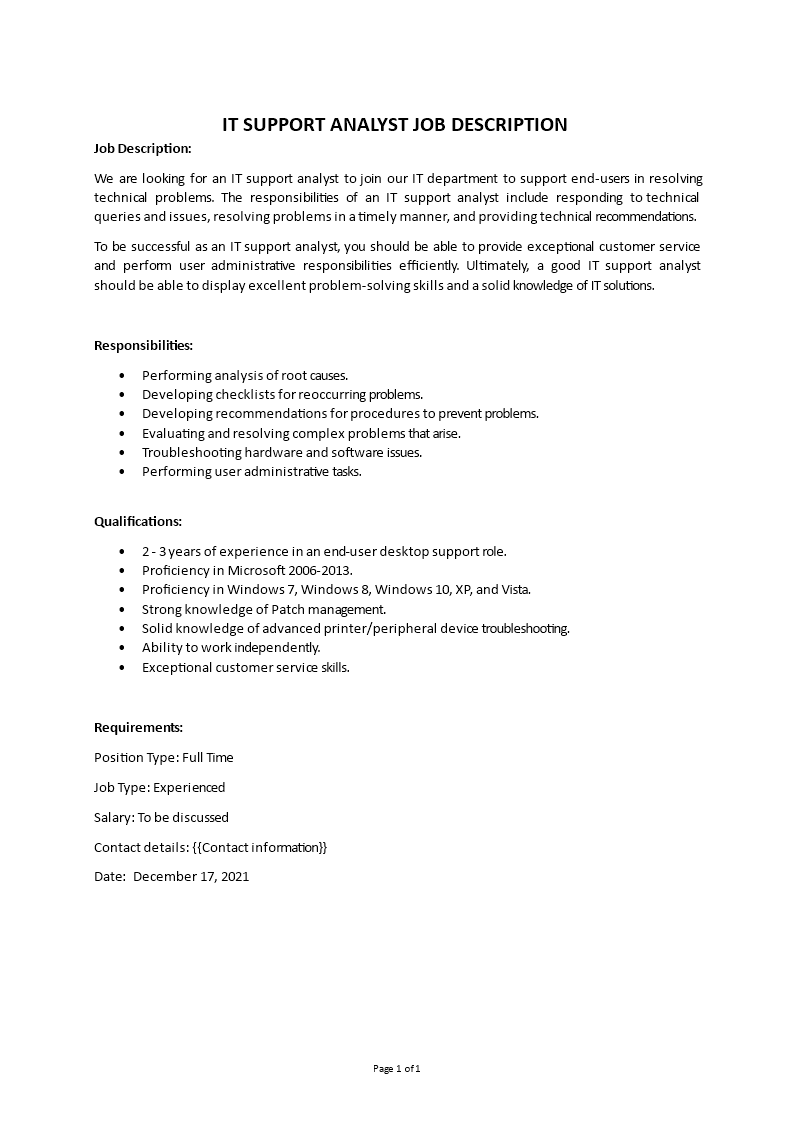 it support analyst job description