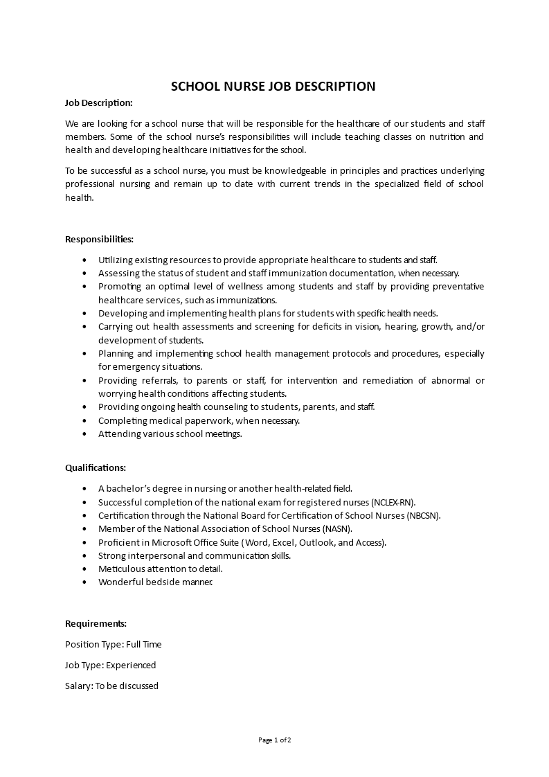 school nurse job description