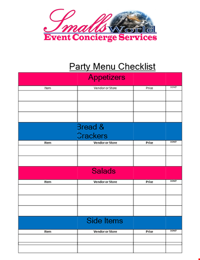 Party Menu Checklist Template