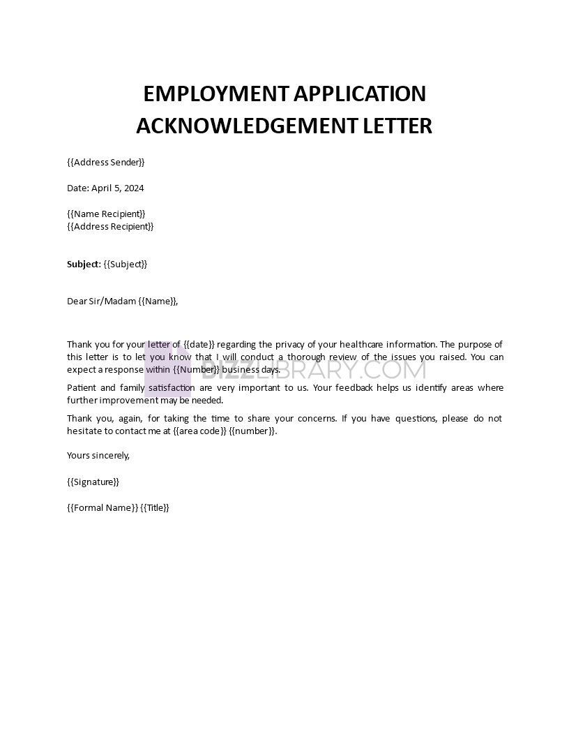 employment application acknowledgement letter example