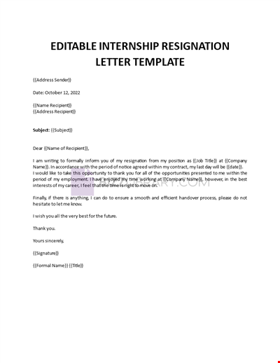 Sample Resignation Letter for Internship