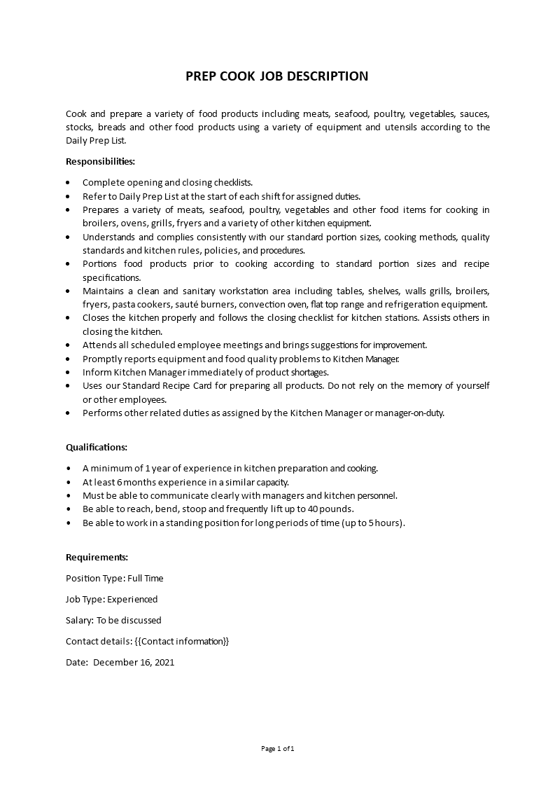 prep cook job description Main Image prep cook job description