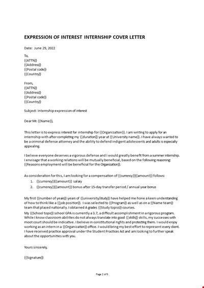 Internship Expression Of Interest Cover Letter