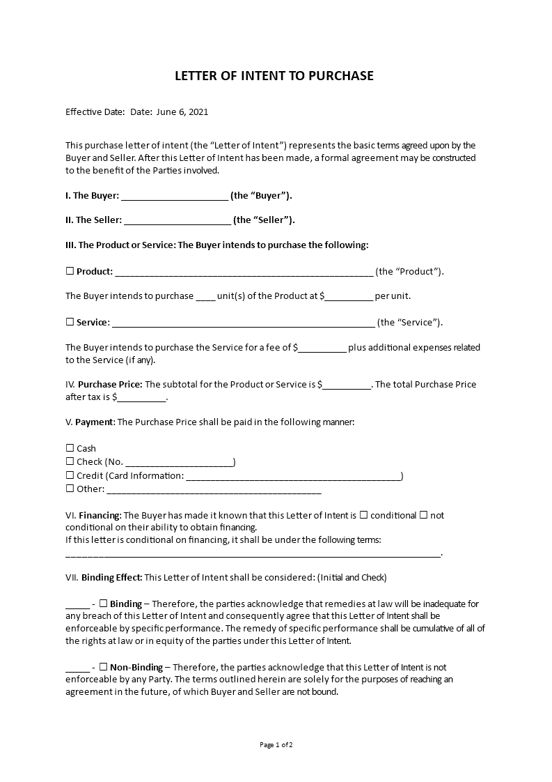 letter of intent to purchase
