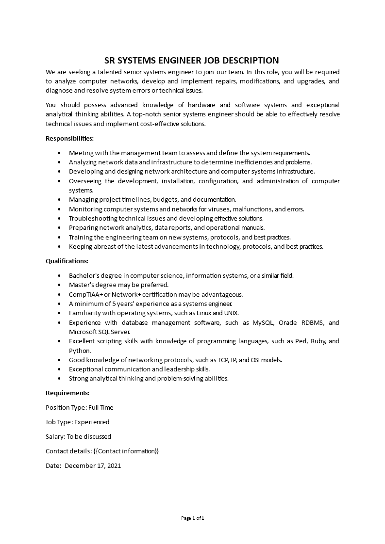 systems engineer job description