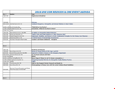 Reunion Event Agenda: Medicine, Breakfast, Welcome, Osteopathic