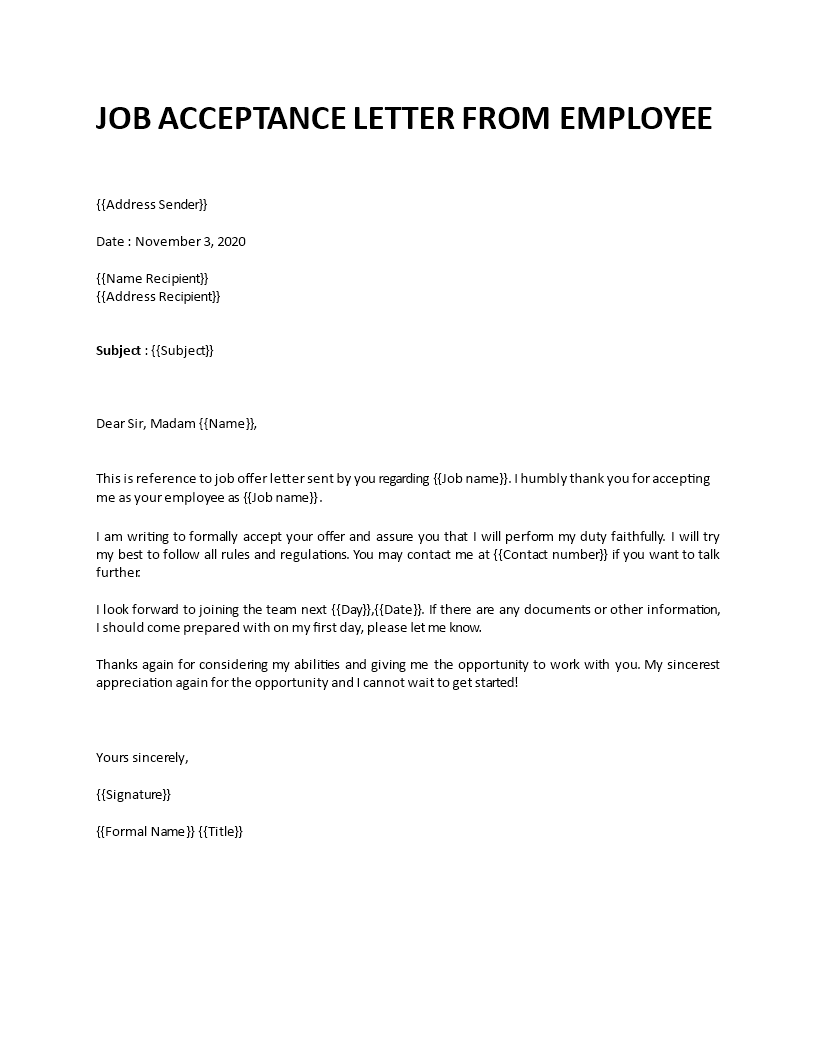 job acceptance letter from employee template