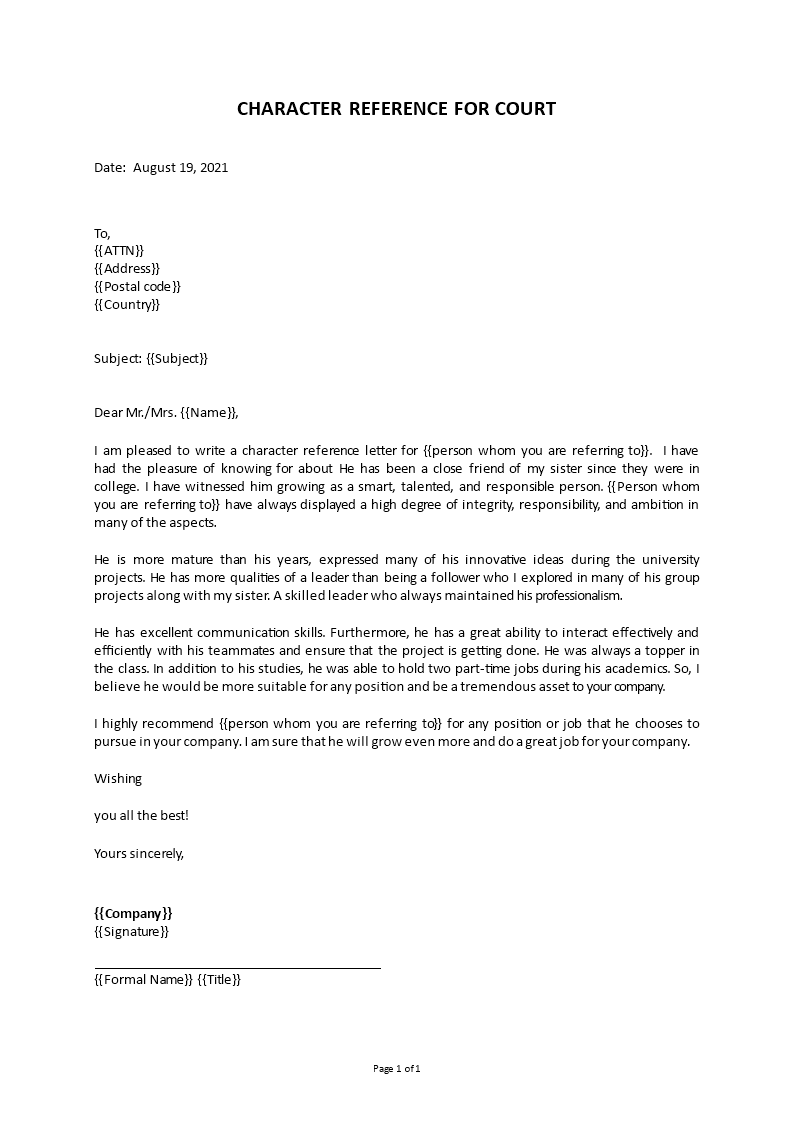 character letter for court template