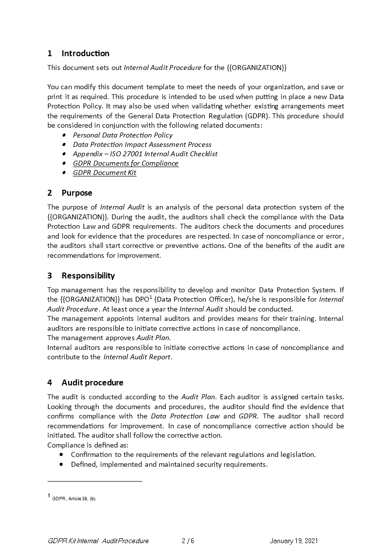 gdpr internal audit checklist example