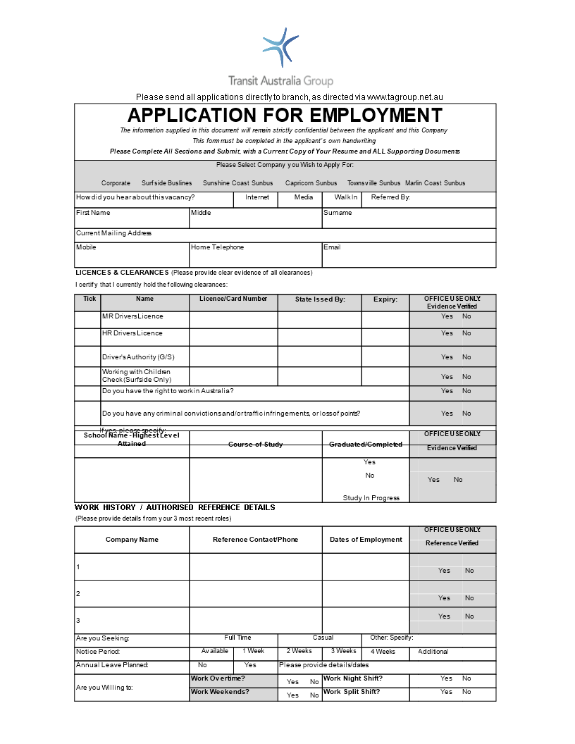 Company Employment Application Template