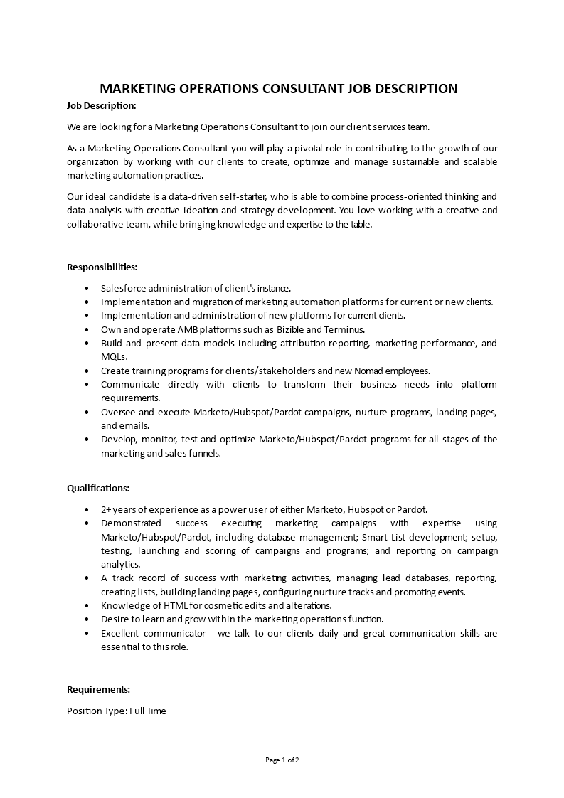 marketing operations consultant job description 