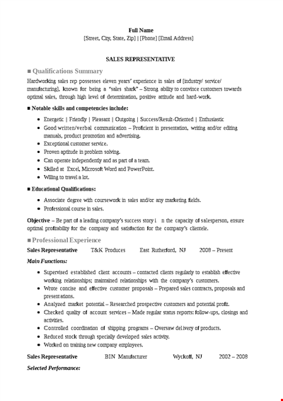 Sales Representative Agent Resume