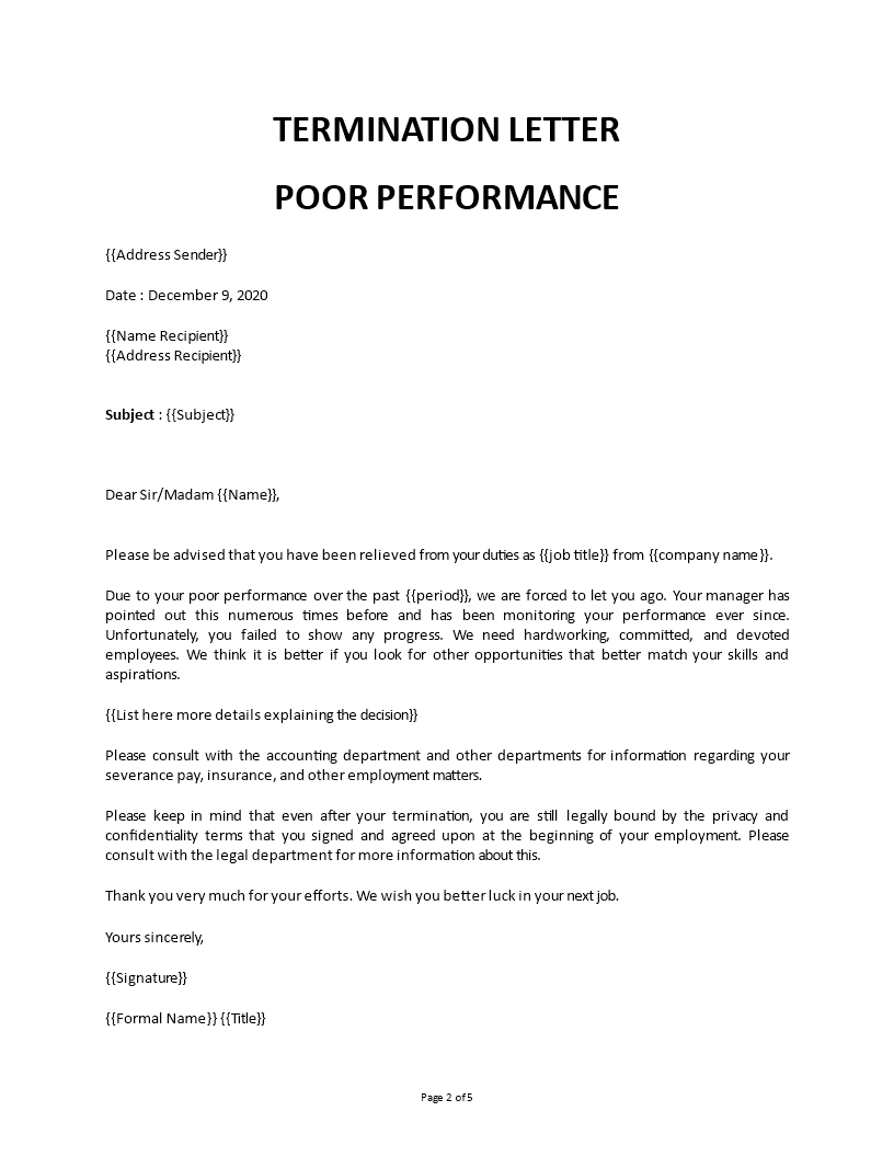 termination letter poor performance