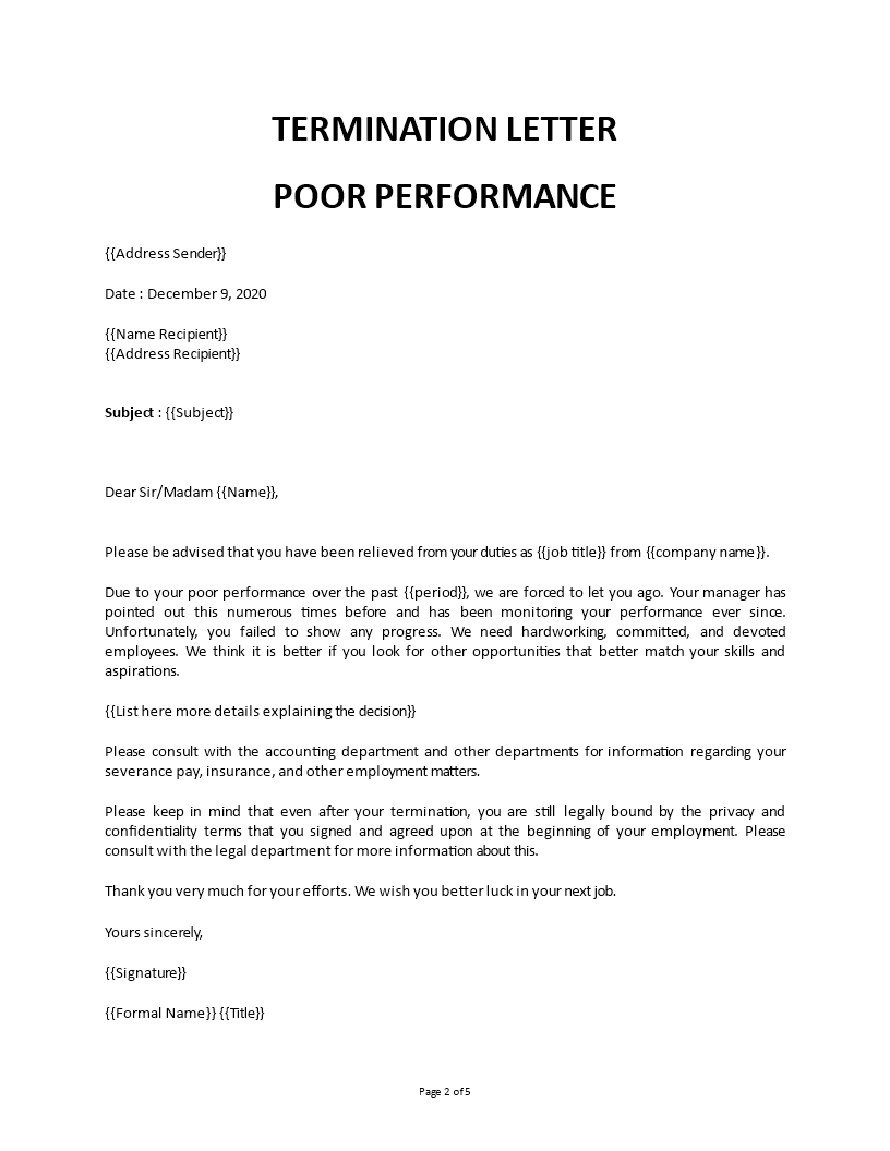 Termination letter poor performance