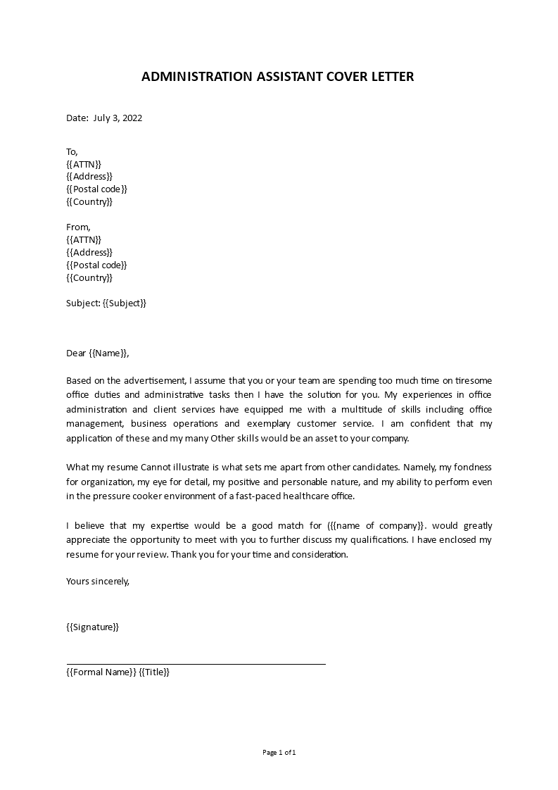 admin assistant application letter template