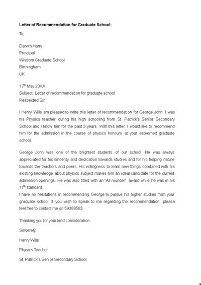Teacher Recommendation Letter Template for Graduate School in Physics