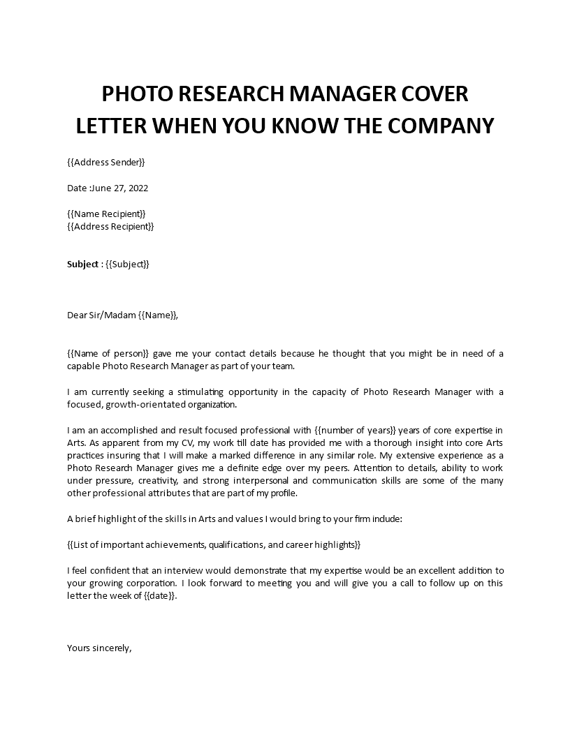 photo research manager cover letter template