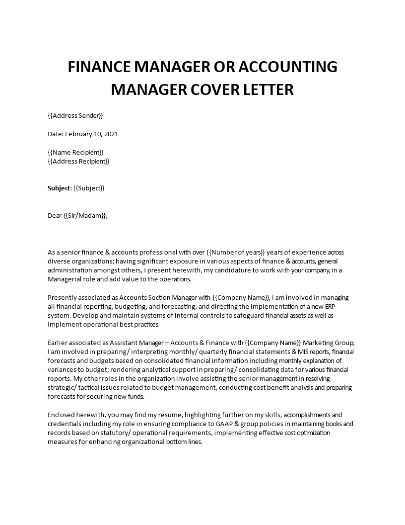 finance manager accounting cover letter template