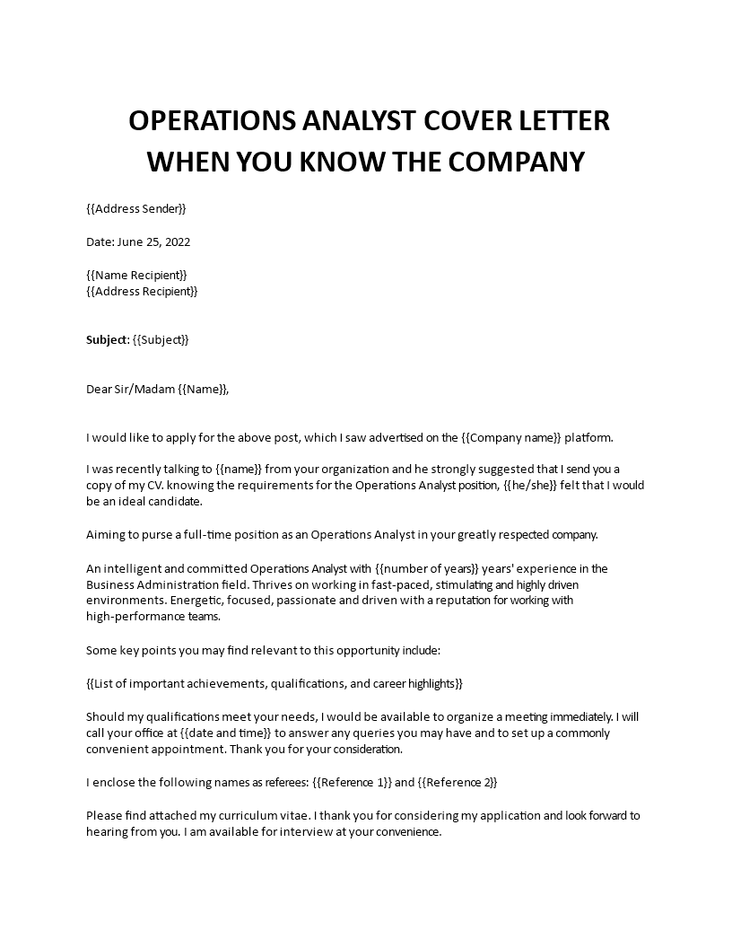 operations analyst application letter