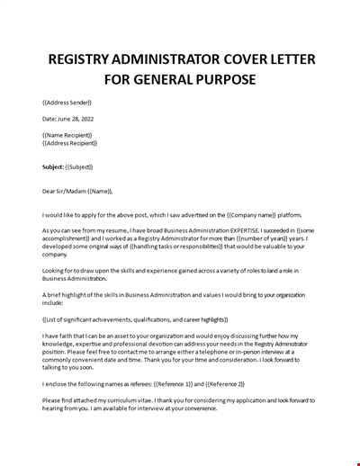 Registry Administrator cover letter