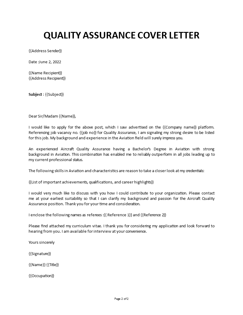 quality assurance cover letter